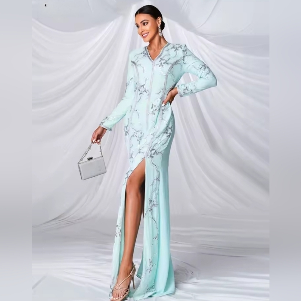 Blue Sequin Embellished Gown with Mandarin Collar